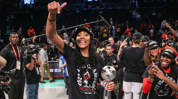 Las Vegas Aces forward A’ja Wilson celebrates after winning the 2023 WNBA Finals at Barclays Center.